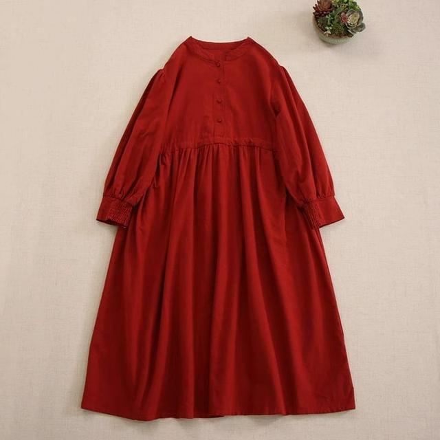 Puff-Sleeve Henley Plain Midi Smock Dress Product Image