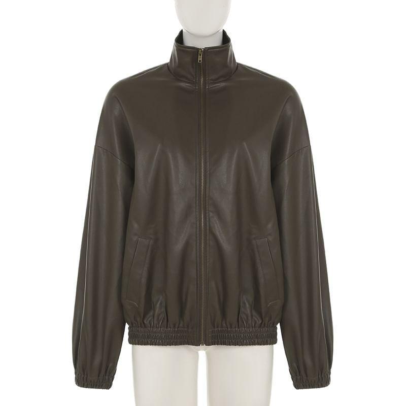 Stand Collar Plain Faux Leather Zip Jacket / Mid Rise Shorts Product Image