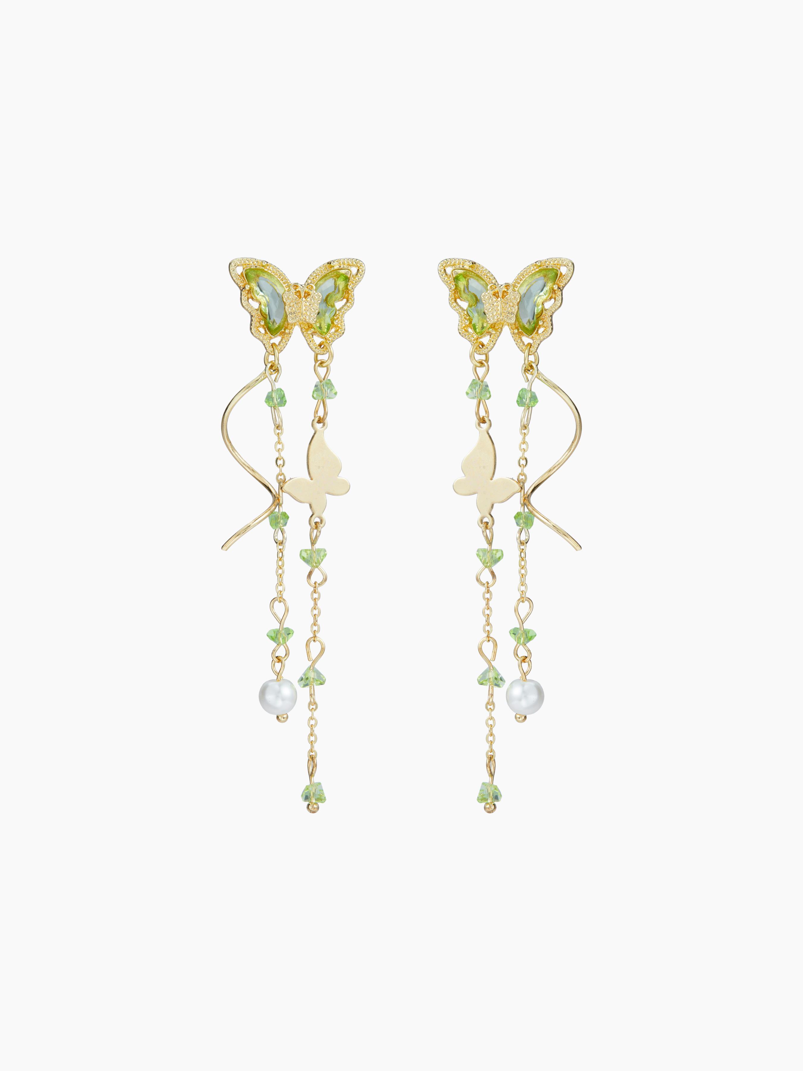 RHINESTONE DECOR BUTTERFLY FAUX PEARL TASSEL EARRINGS Product Image