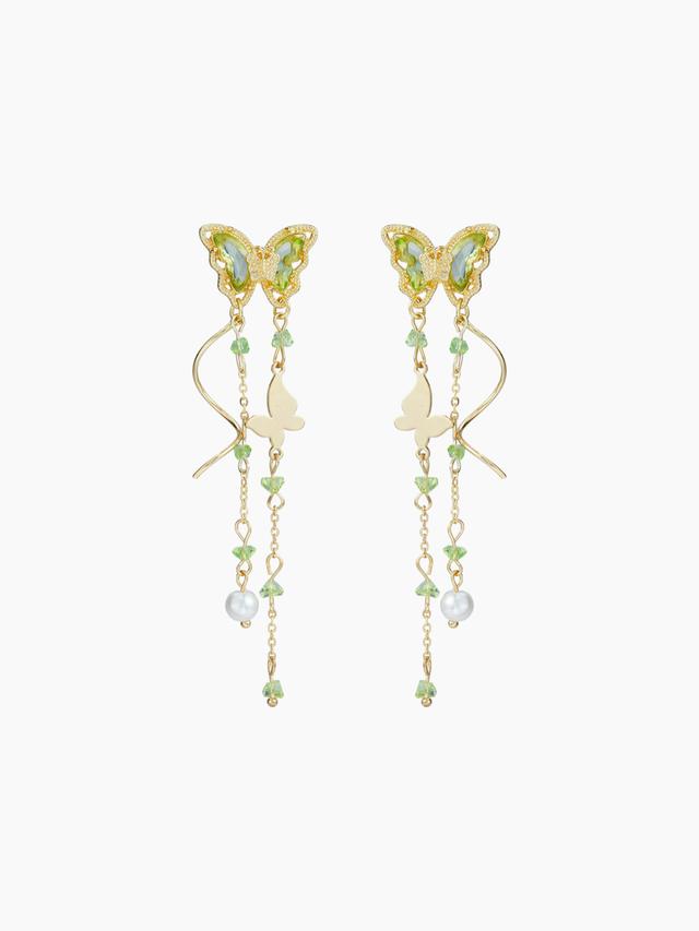 RHINESTONE DECOR BUTTERFLY FAUX PEARL TASSEL EARRINGS Product Image