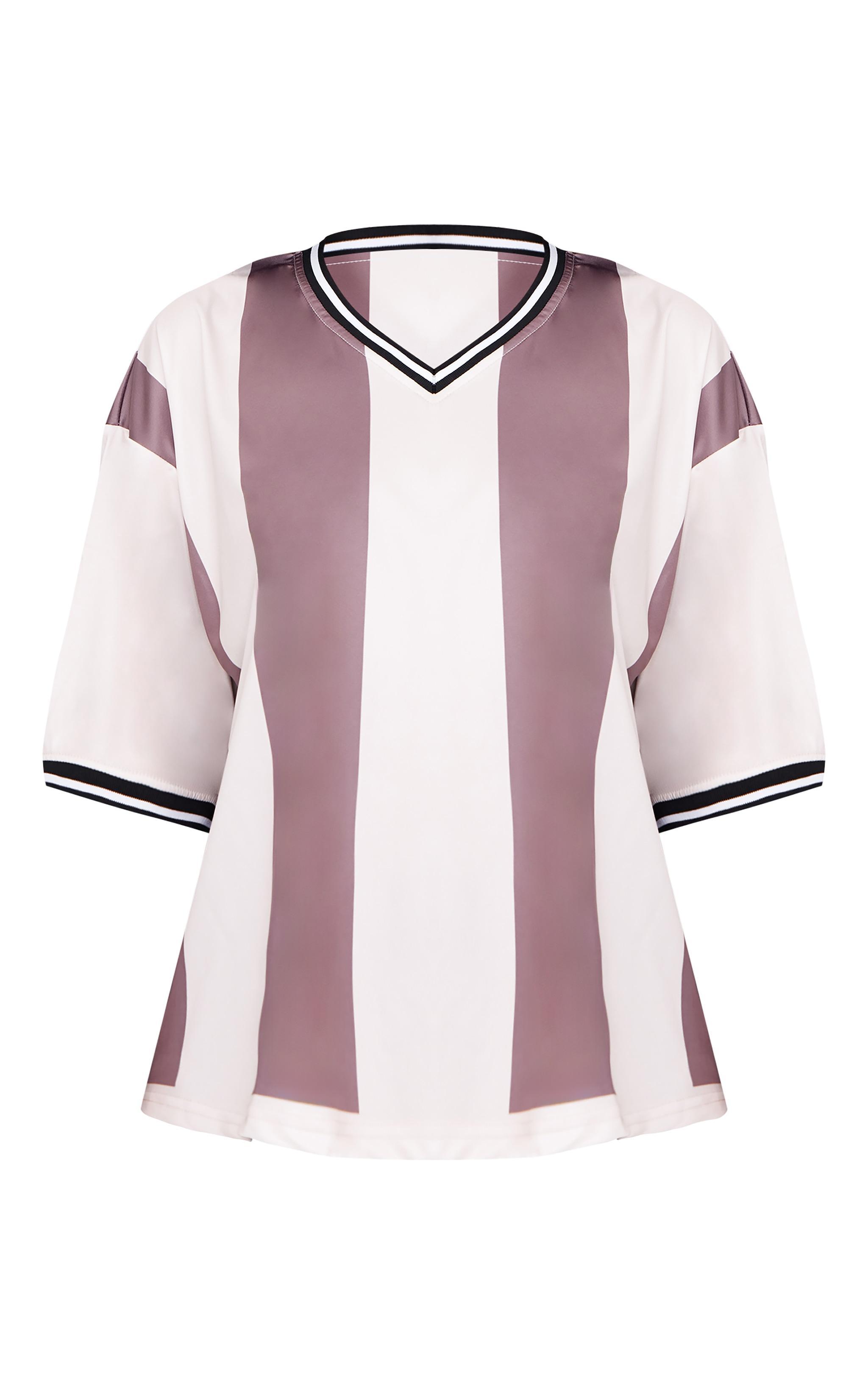 Brown Striped V Neck Oversized Football T Shirt Product Image