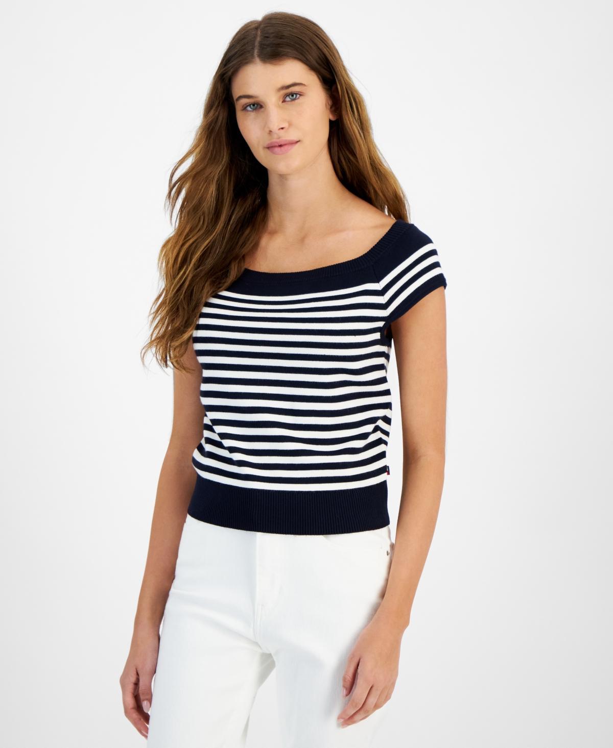 Tommy Hilfiger Womens Striped Cap-Sleeve Sweater - Scarlt product image