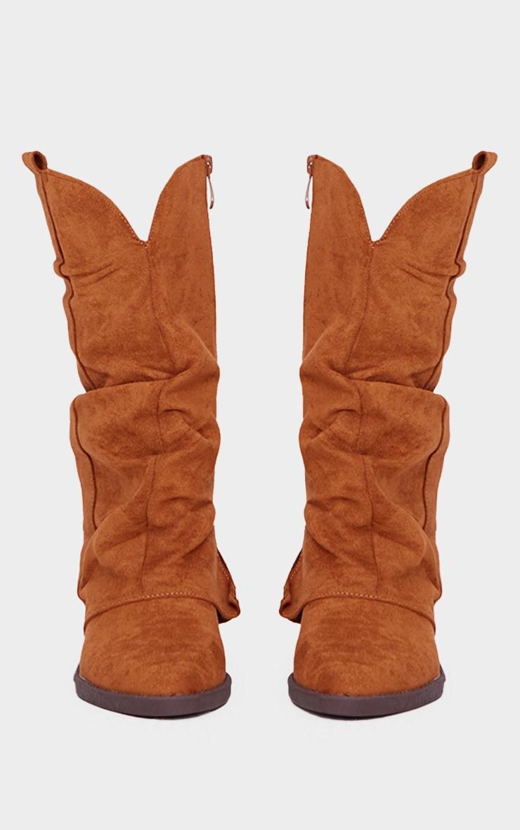 Chestnut Faux Suede Point Toe Slouchy Fold Over Calf High Western Boots Product Image