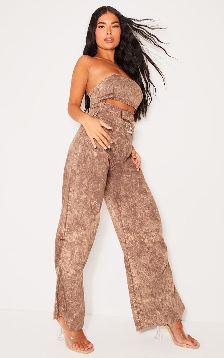 Petite Washed Brown Bandeau Cut Out Front Jumpsuit Product Image