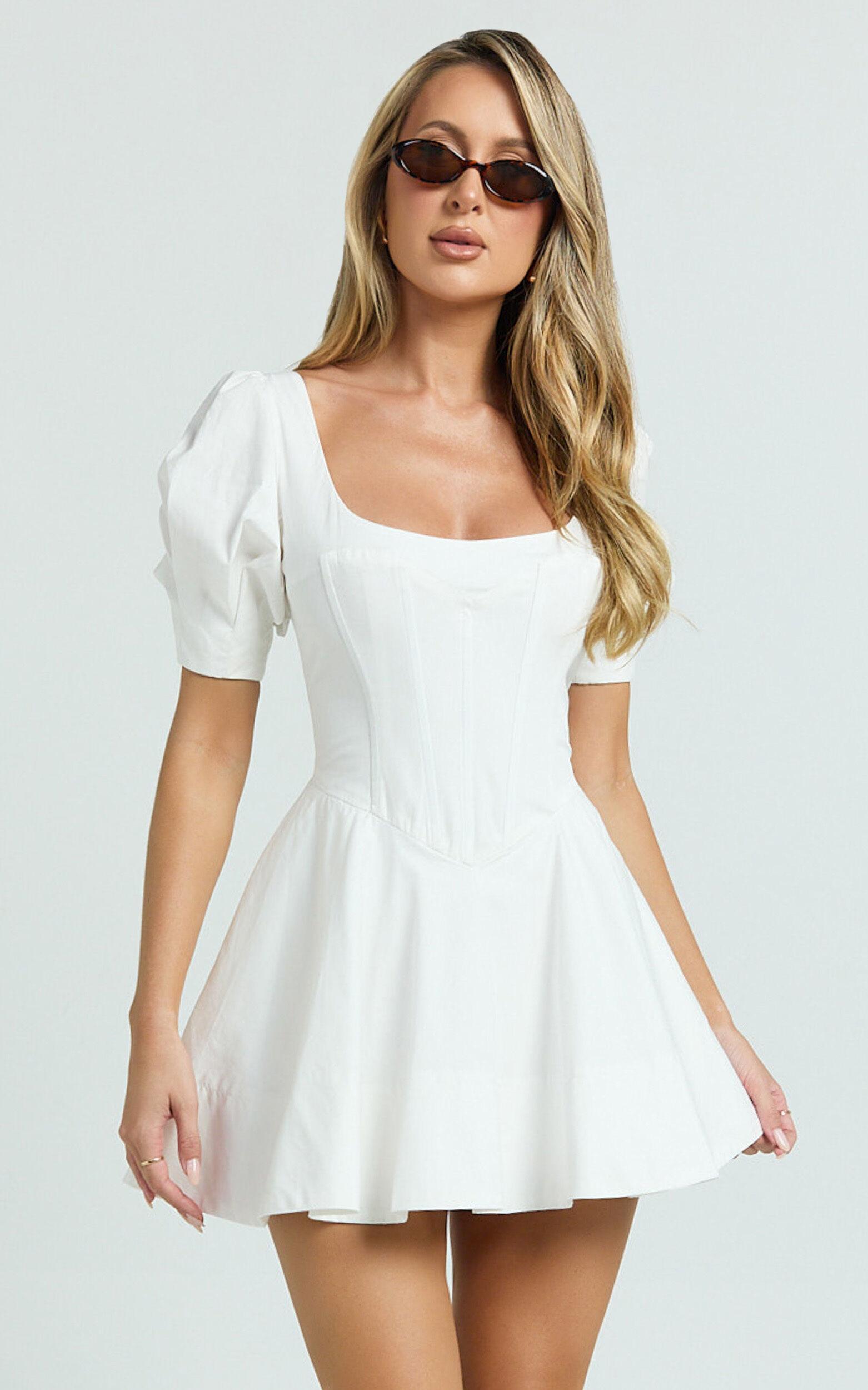 Emma Mini Dress - Scoop Neck Sleeved Corset Drop Waist Circular Skirt Dress in Off White Product Image