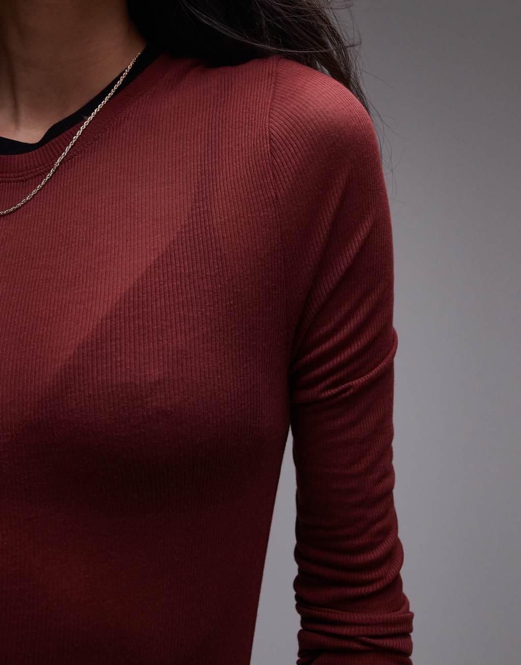 Topshop premium basic sheer crew neck long sleeve with contrast trim in burgundy Product Image