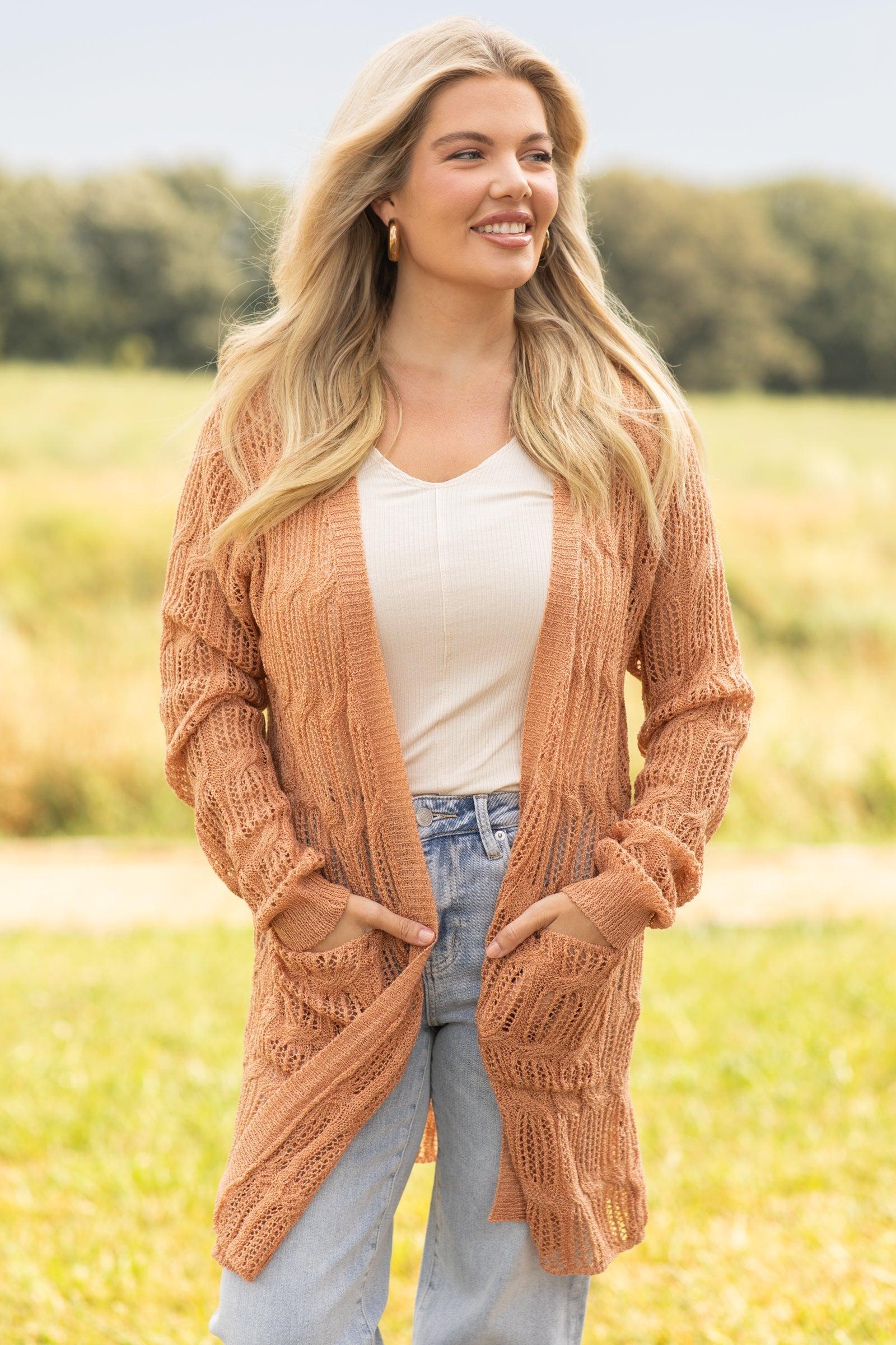 Tan Pointelle Cardigan With Pockets product image