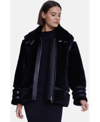 Women's Shearling Jacket, Silky Black White Wool Product Image