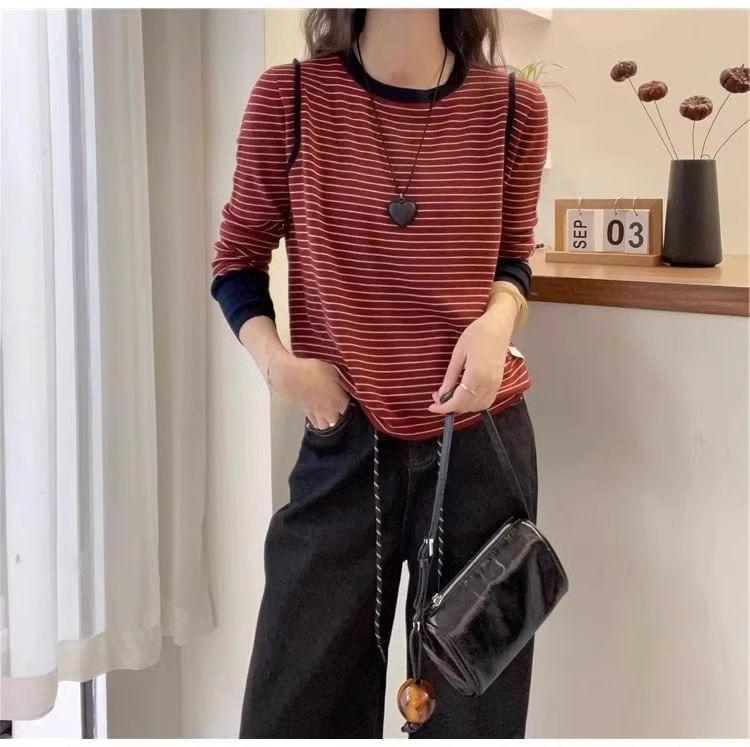 Long-Sleeve Round Neck Striped Contrast Trim Tee Product Image