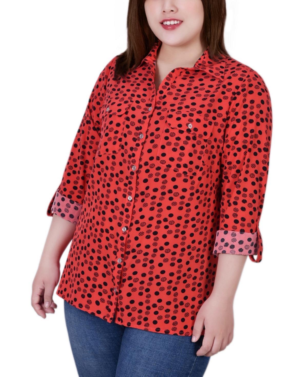 Ny Collection Plus Size 3/4 Sleeve Roll Tab Notch Collar Blouse Product Image