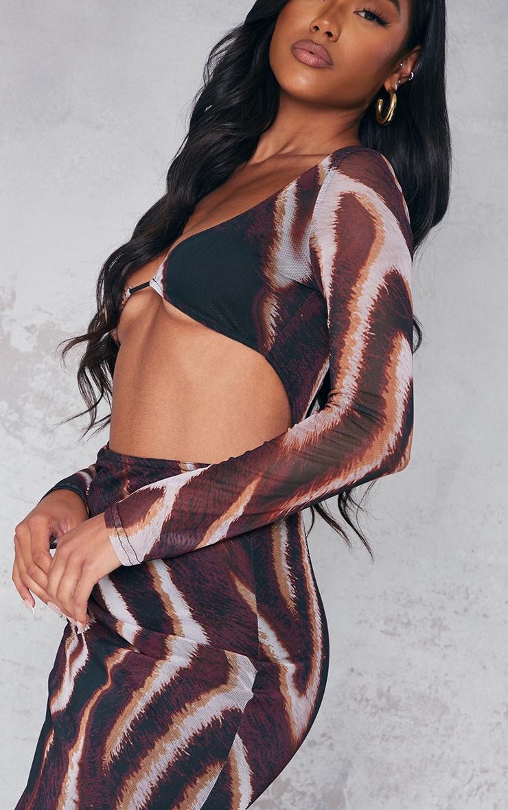  Brown Animal Print Mesh Cup Detail Long Sleeve Maxi Dress Product Image