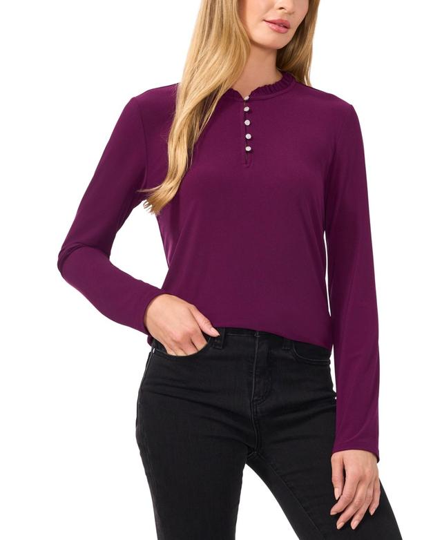 CeCe Womens Ruffle-Trim Long Sleeve Knit Top with Rhinestone Buttons Product Image