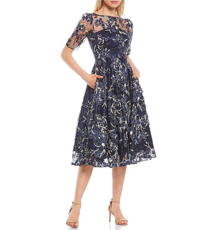 Eliza J Illusion Boat Neck Short Sleeve Sequin Embroidered Floral Lace A-Line Midi Dress Product Image