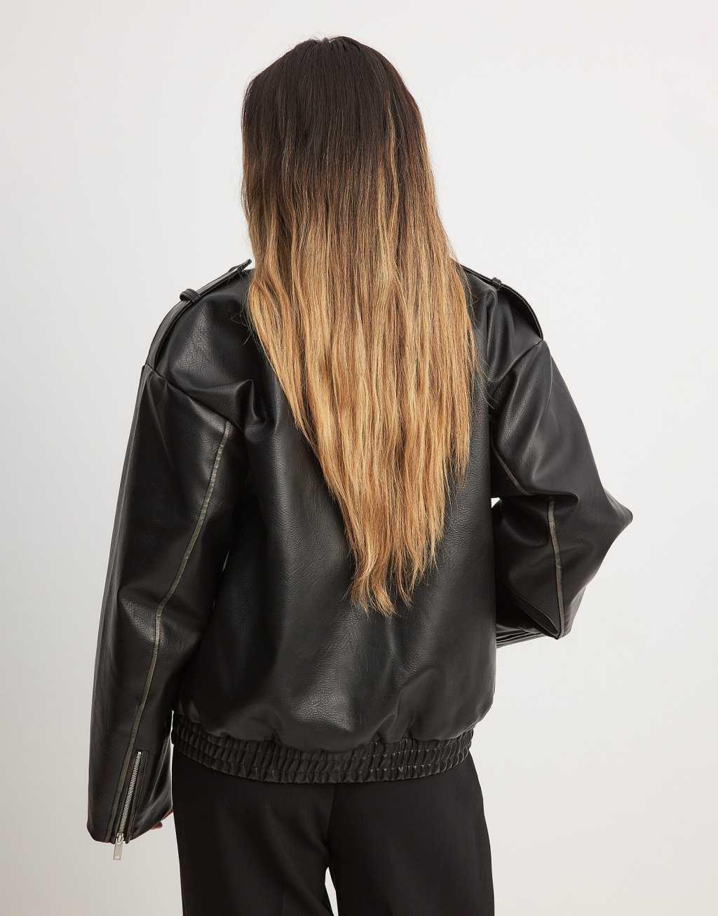 NA-KD washed faux leather bomber jacket in black Product Image