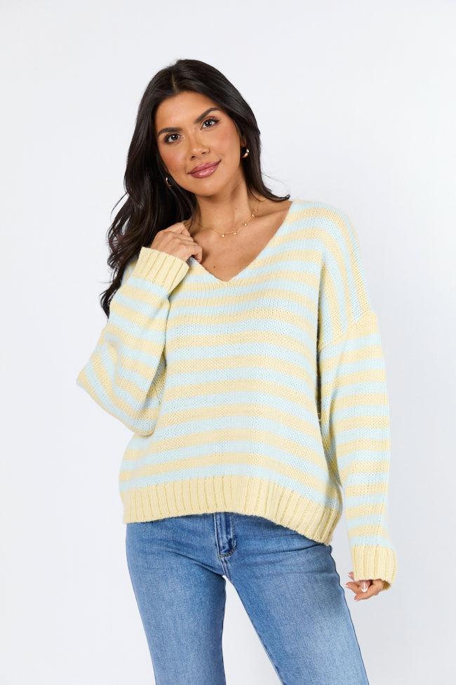 Wait A Minute Yellow and Blue Multi Striped V-Neck Sweater Product Image