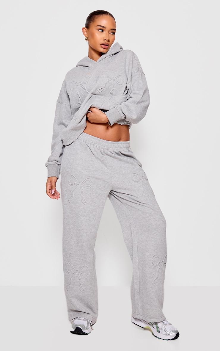 Petite Grey Marl Embossed Bow Detail Wide Leg Sweatpants Product Image