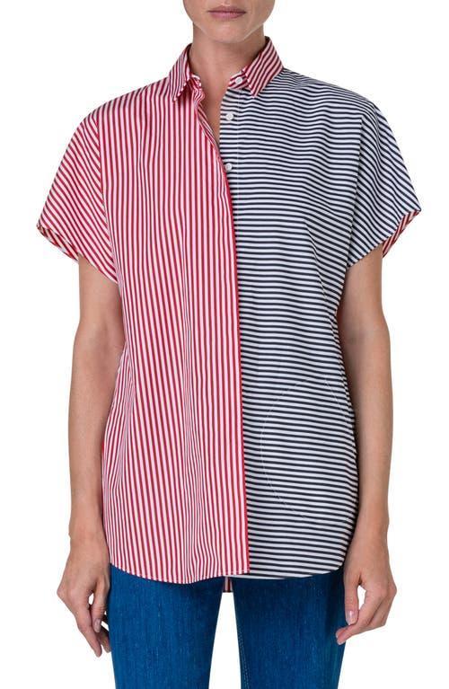 Akris punto Two-Tone Directional Stripe Short Sleeve Button-Up Cotton Shirt Product Image