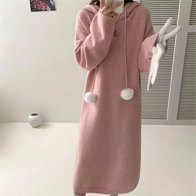 Long Sleeve Plain Pom Pom Hooded Half Zip Midi Loose Fit Sweater Dress Product Image