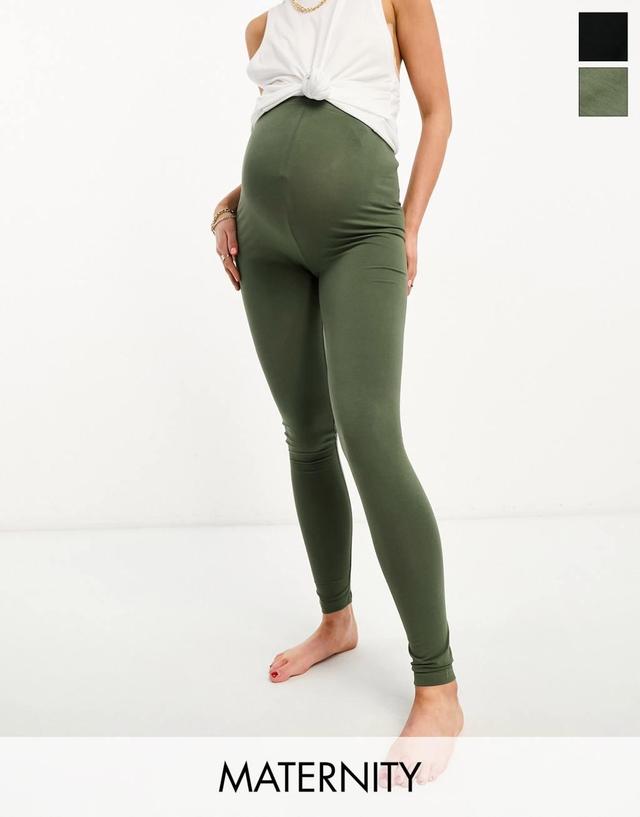 Mamalicious Maternity cotton 2 pack legging in black and khaki  Product Image