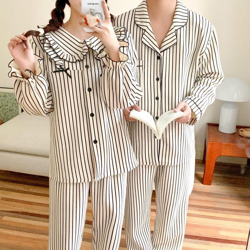 Couple Matching Pajama Set: Long-Sleeve Striped Button-Up Top + Pants (Various Designs) Product Image