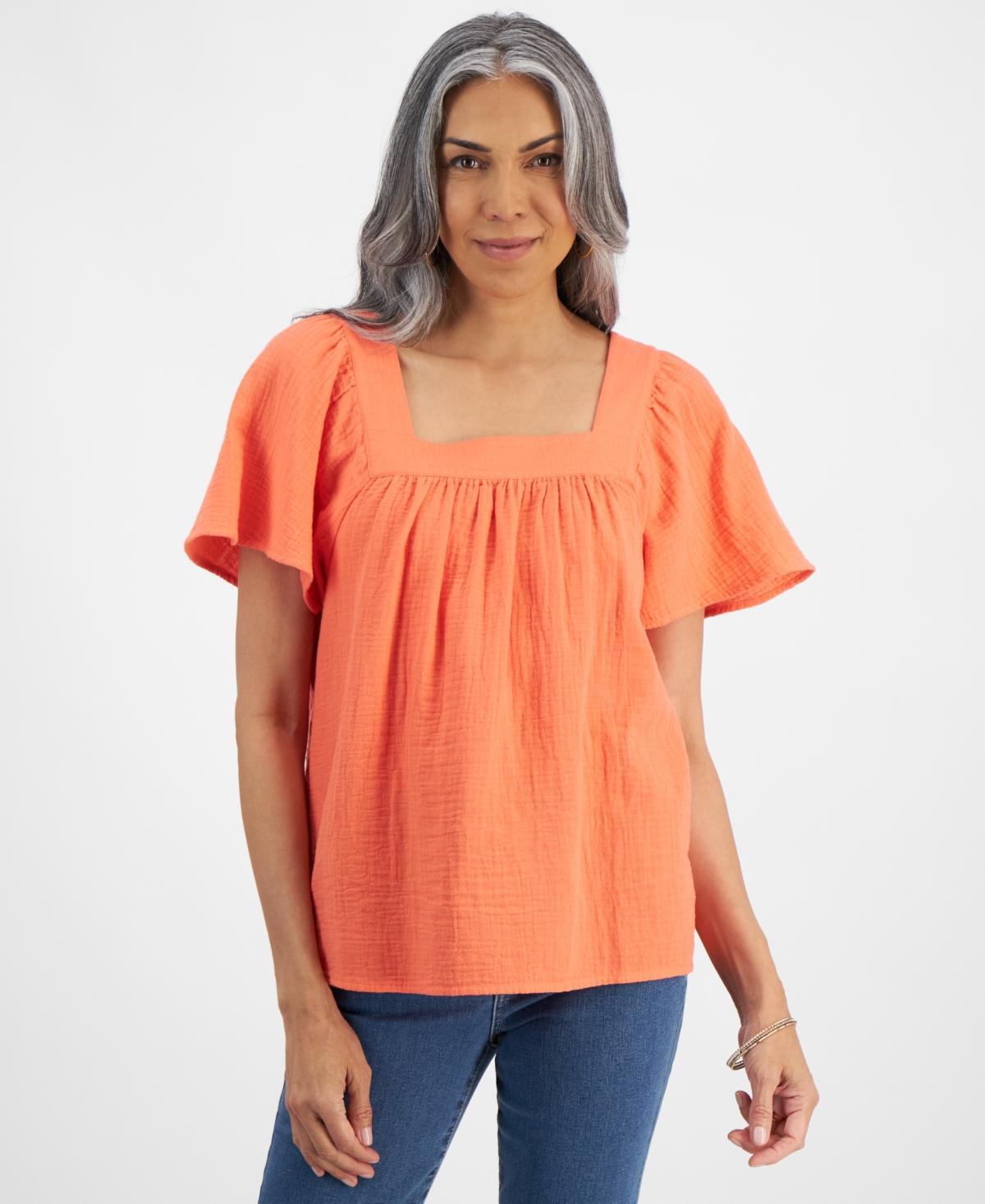 Women's Cotton Gauze Square-Neck Top, Created for Macy's Product Image