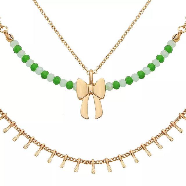 Berry Jewelry Gold Tone Green Beaded Bow Charm Layered Chain Necklace, Womens Product Image