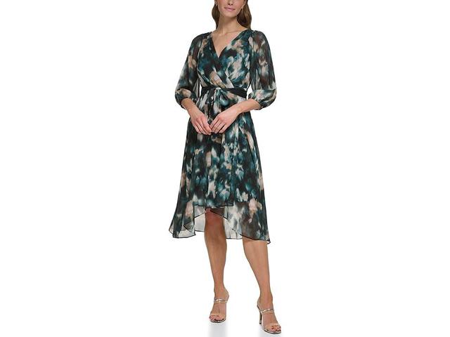 DKNY Balloon Sleeve Faux Wrap (Pine Multi) Women's Dress Product Image