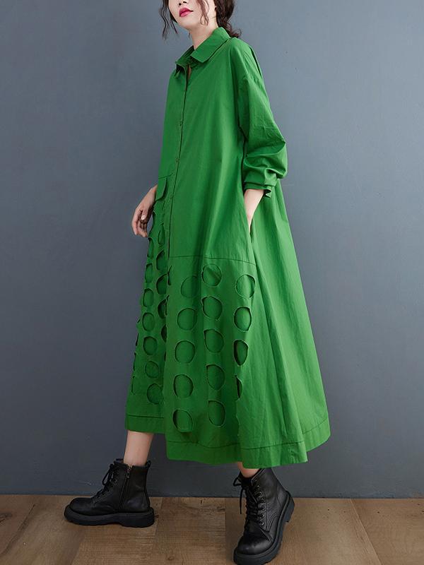 A-Line Long Sleeves Asymmetric Hollow Polka-Dot Solid Color Lapel Midi Dresses Product Image