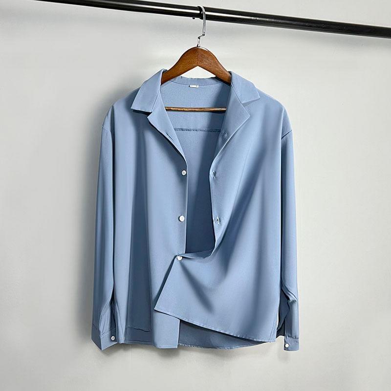 Long-Sleeve Lapel Collar Plain Button-Up Shirt Product Image