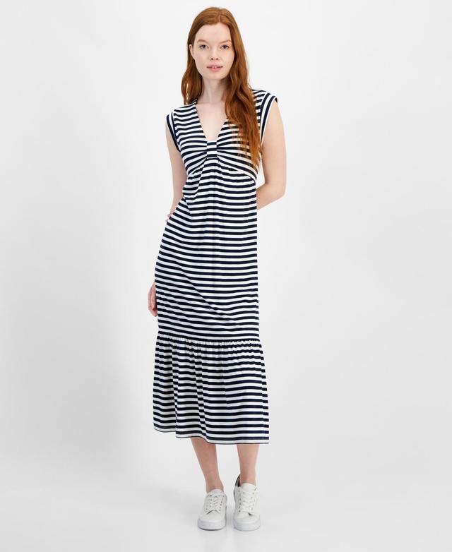 Tommy Hilfiger Womens Striped Tiered Sleeveless Midi Dress - Sky Capt Product Image