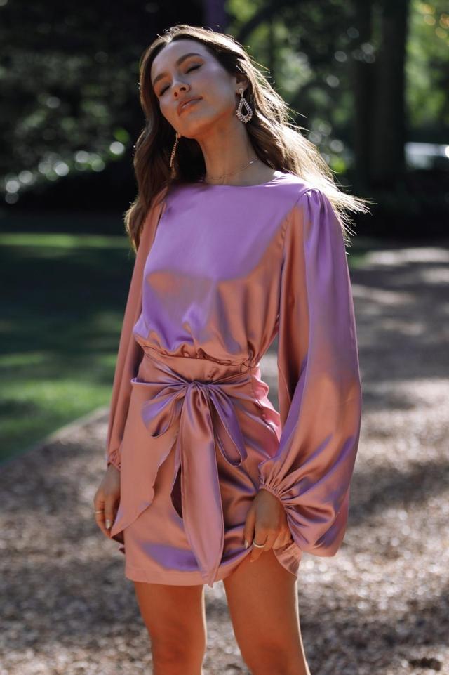 Petal & Pup Opal Tie Waist Long Sleeve Satin Minidress Product Image