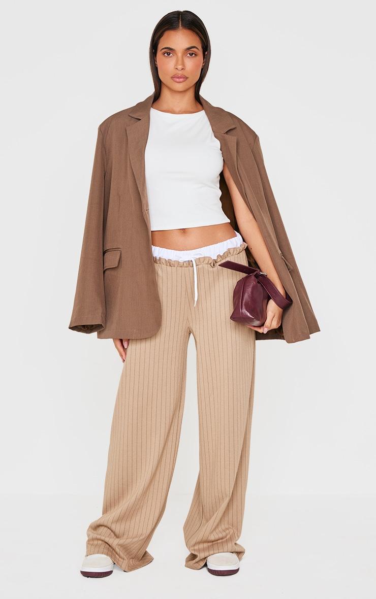 Beige Pinstripe Contrast Waistband Wide Leg Pants Product Image