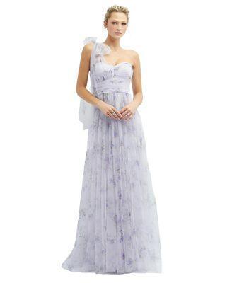 Floral Scarf Tie One-Shoulder Tulle Dress with Long Full Skirt Product Image