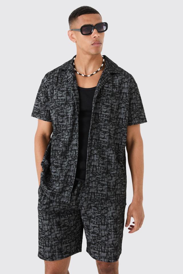 Mens Black Oversized Revere Jacquard Shirt & Short Set, Black Product Image