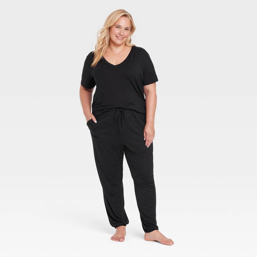 Womens Cloud Knit Short Sleeve Top and Jogger Pants Pajama Set - Auden Black 2X Product Image