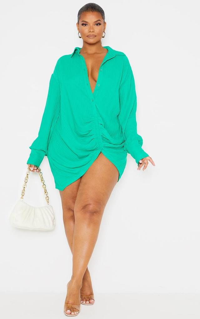 Plus Green Textured Gathered Detail Long Sleeve Shirt Dress Product Image