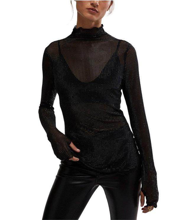 Free People Dance All Night Sheer Embellished Mesh Mock Neck Long Sleeve Fitted Top Product Image