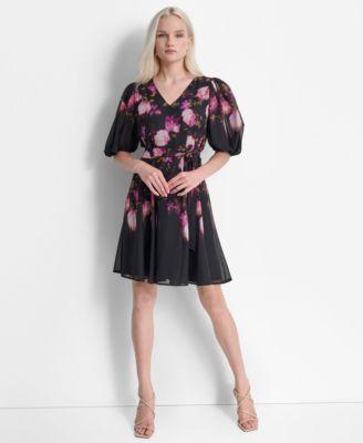 Petite Floral Tie-Waist Balloon-Sleeve Dress Product Image