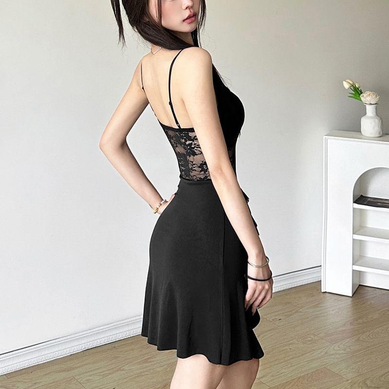 Spaghetti Strap Plain Ruffle Panel Lace Mini A-Line Dress Product Image