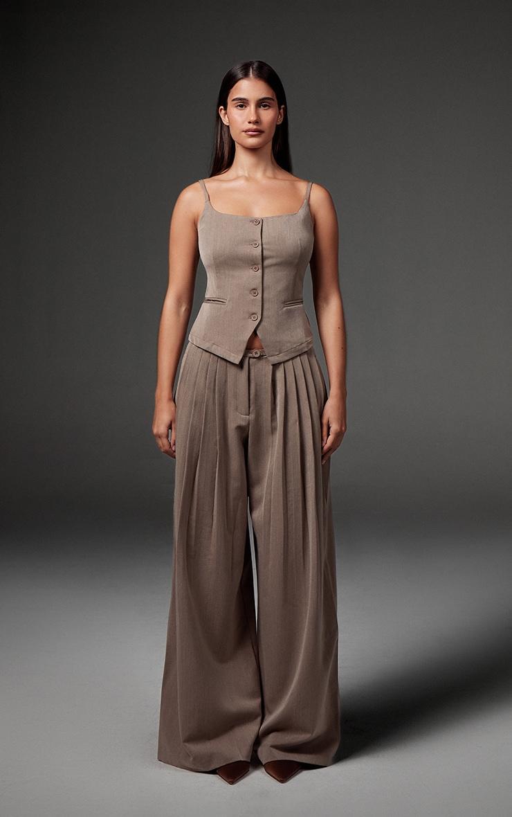 Premium Taupe Woven Pleated Waistband Extreme Wide Leg Pants product image