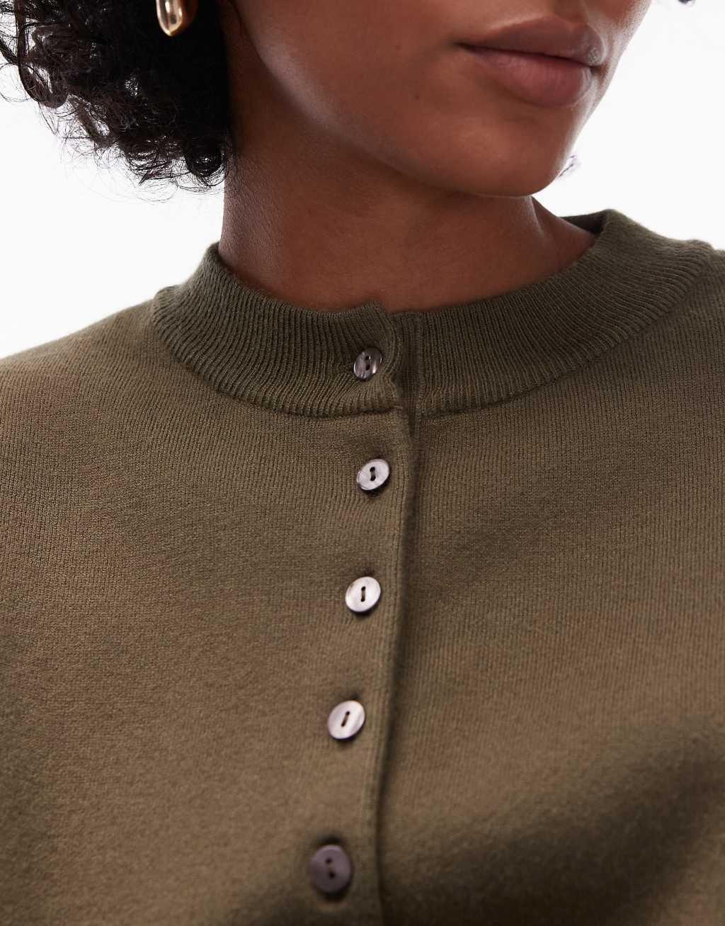 Topshop knit compact fitted waist cardigan in olive Product Image