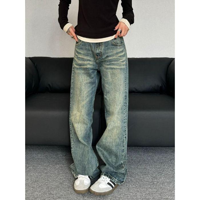 High Waist Washed Loose-Fit Wide-Leg Jeans Product Image