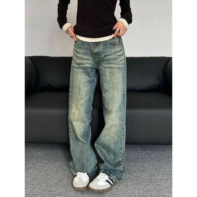 High Waist Washed Loose-Fit Wide-Leg Jeans Product Image