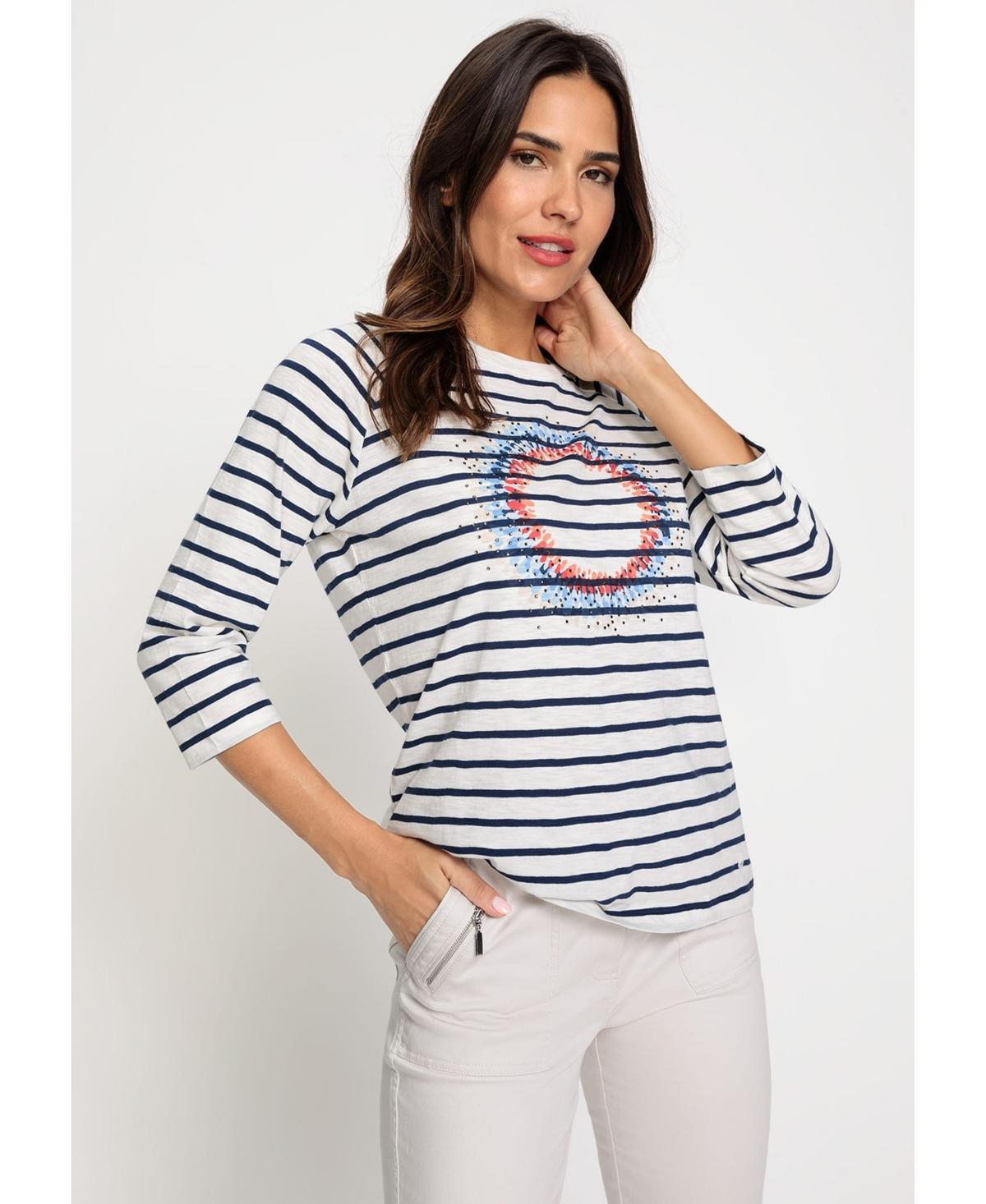 Olsen Womens 100% Cotton 3/4 Sleeve Striped and Embellished Placement Print T-Shirt Product Image