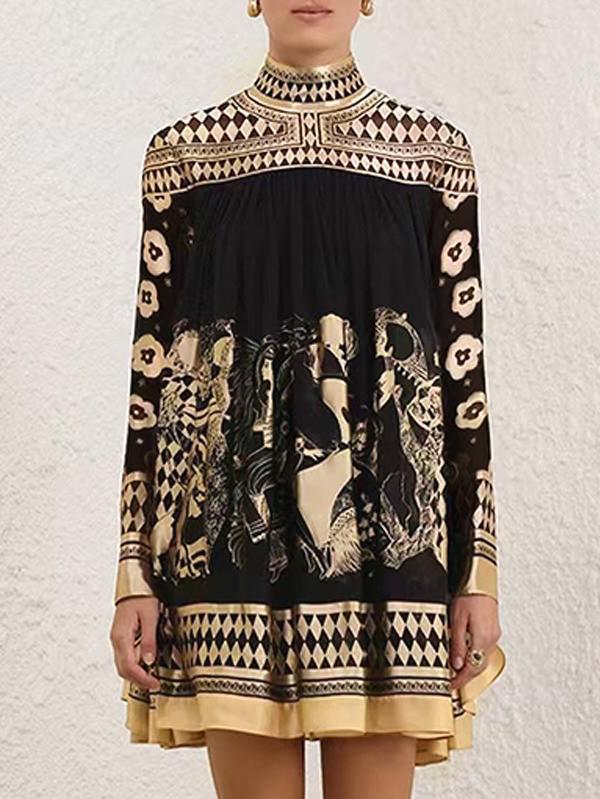 A-Line Long Sleeves Bronzing Printed Split-Joint Mock Neck Mini Dresses Product Image