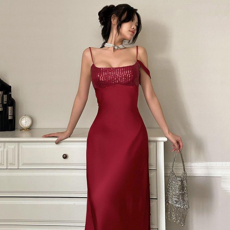 Spaghetti Strap Plain Glitter Slim-Fit Midi Bodycon Dress Product Image