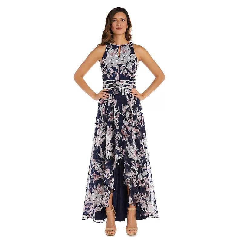 Womens R&M Richards Jacquard Chiffon Hi Low Maxi Dress Blue Pink Product Image