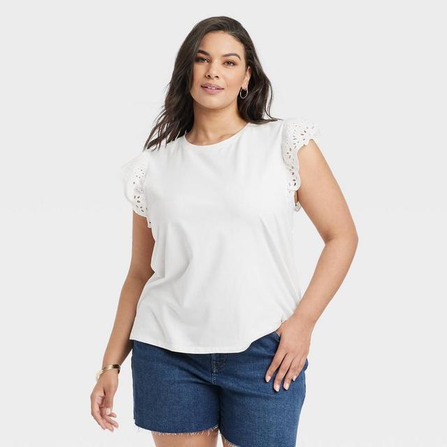 Womens Eyelet Flutter Short Sleeve T-Shirt - Ava & Viv White 3X Product Image