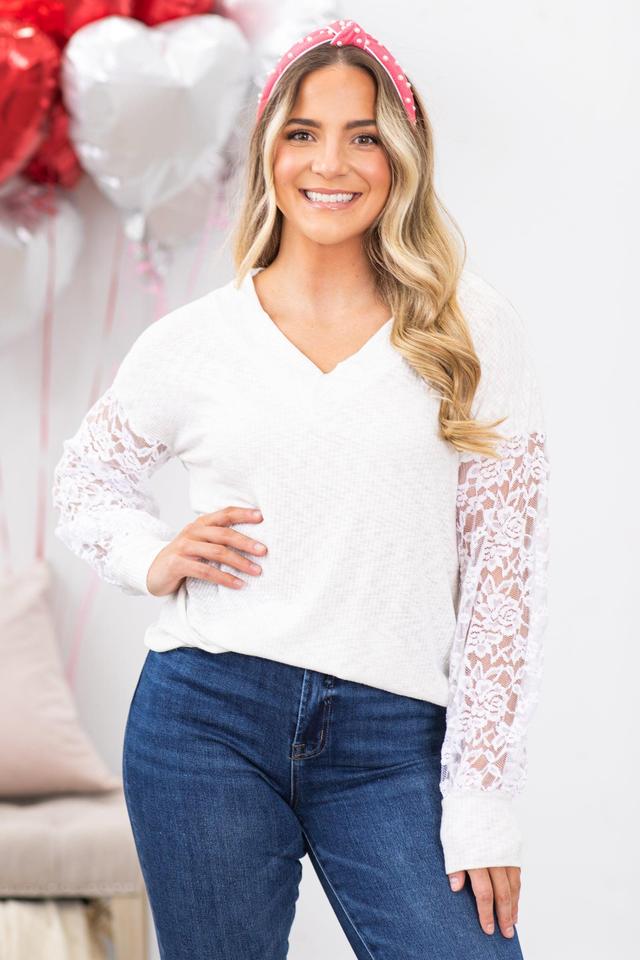 Ivory Rib Knit Top With Lace Sleeves Product Image