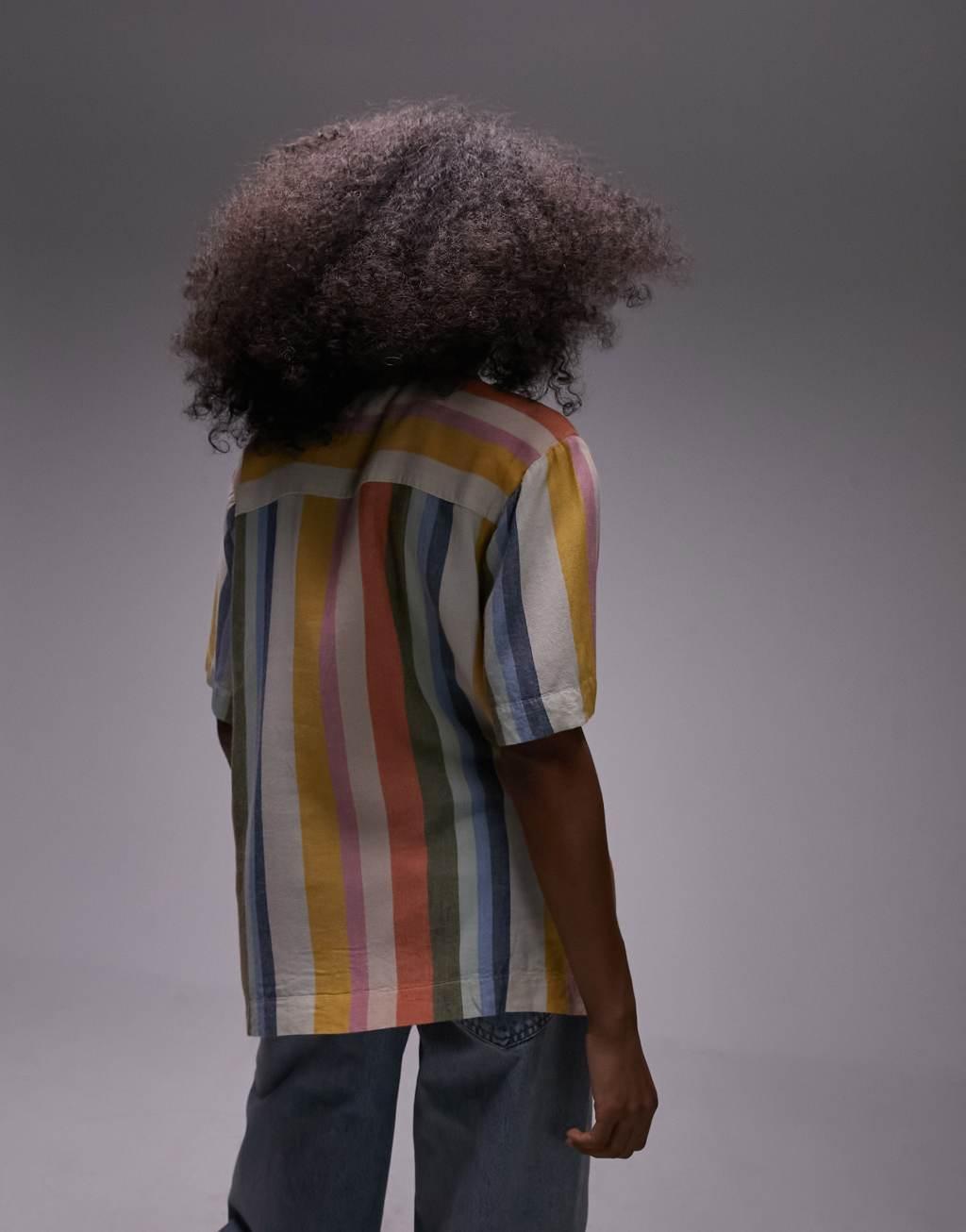 Topshop short sleeve slubby shirt in bright multi stripe Product Image